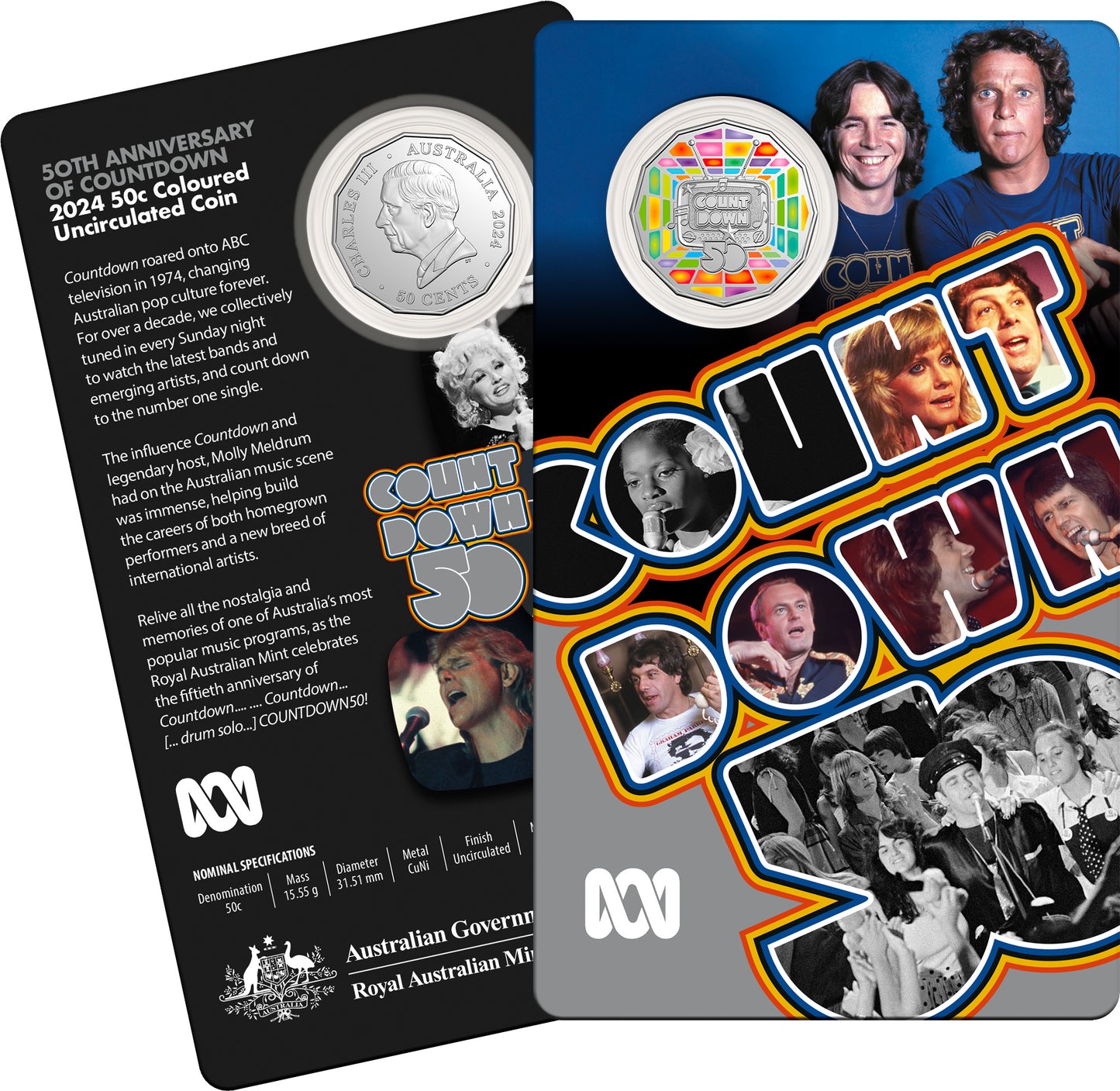 2024 Royal Australian Mint UNC Colourised 50c Coin on Card - 50th Anniversary of Countdown