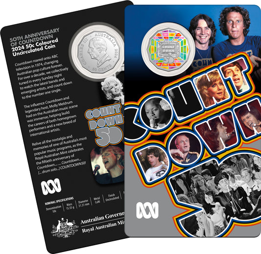 2024 Royal Australian Mint UNC Colourised 50c Coin on Card - 50th Anniversary of Countdown