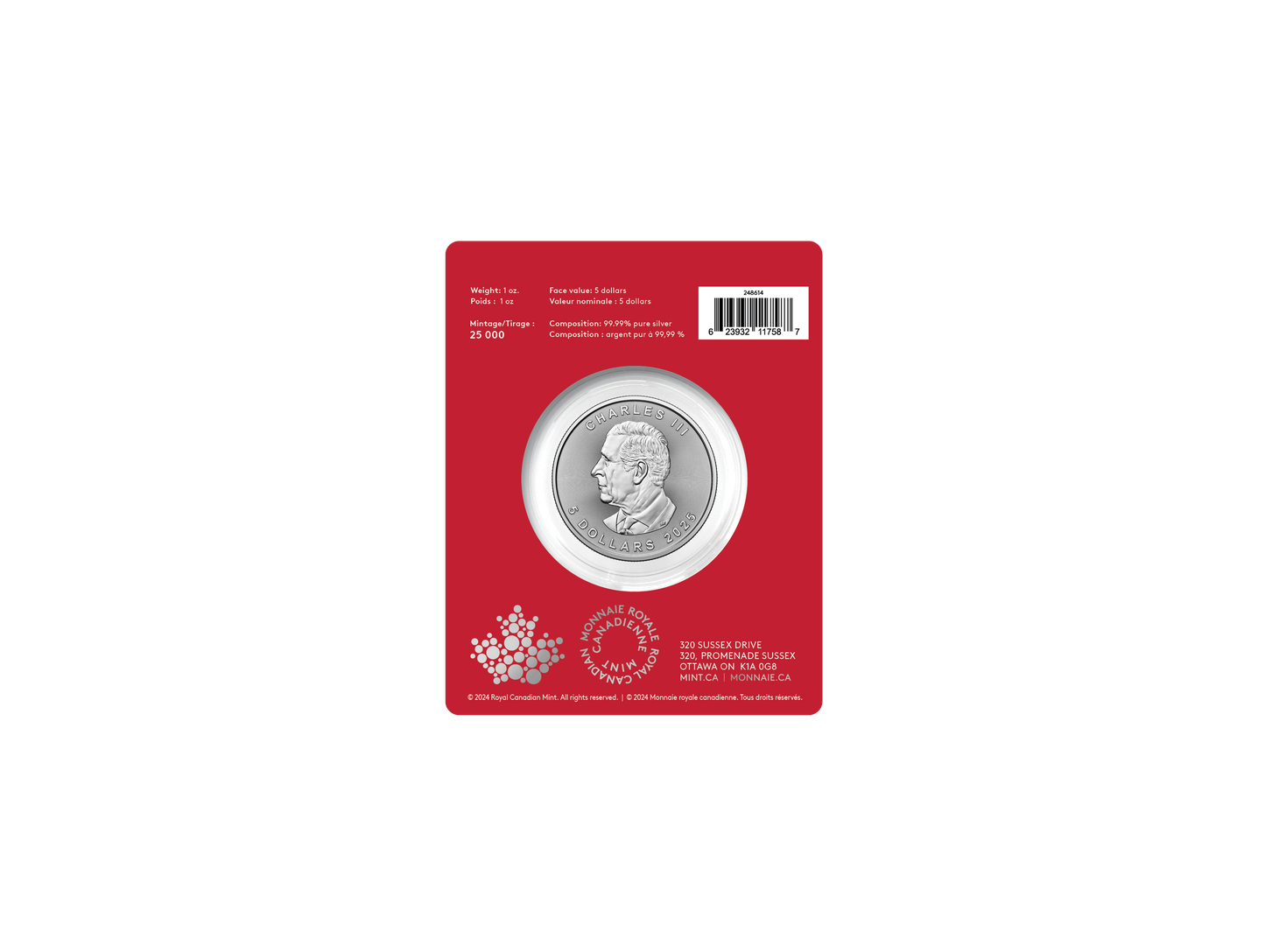 2025 Royal Canadian Mint UNC Pure Silver 1oz $5 Coin - Treasured Maple Leaf Year of the Snake Privy