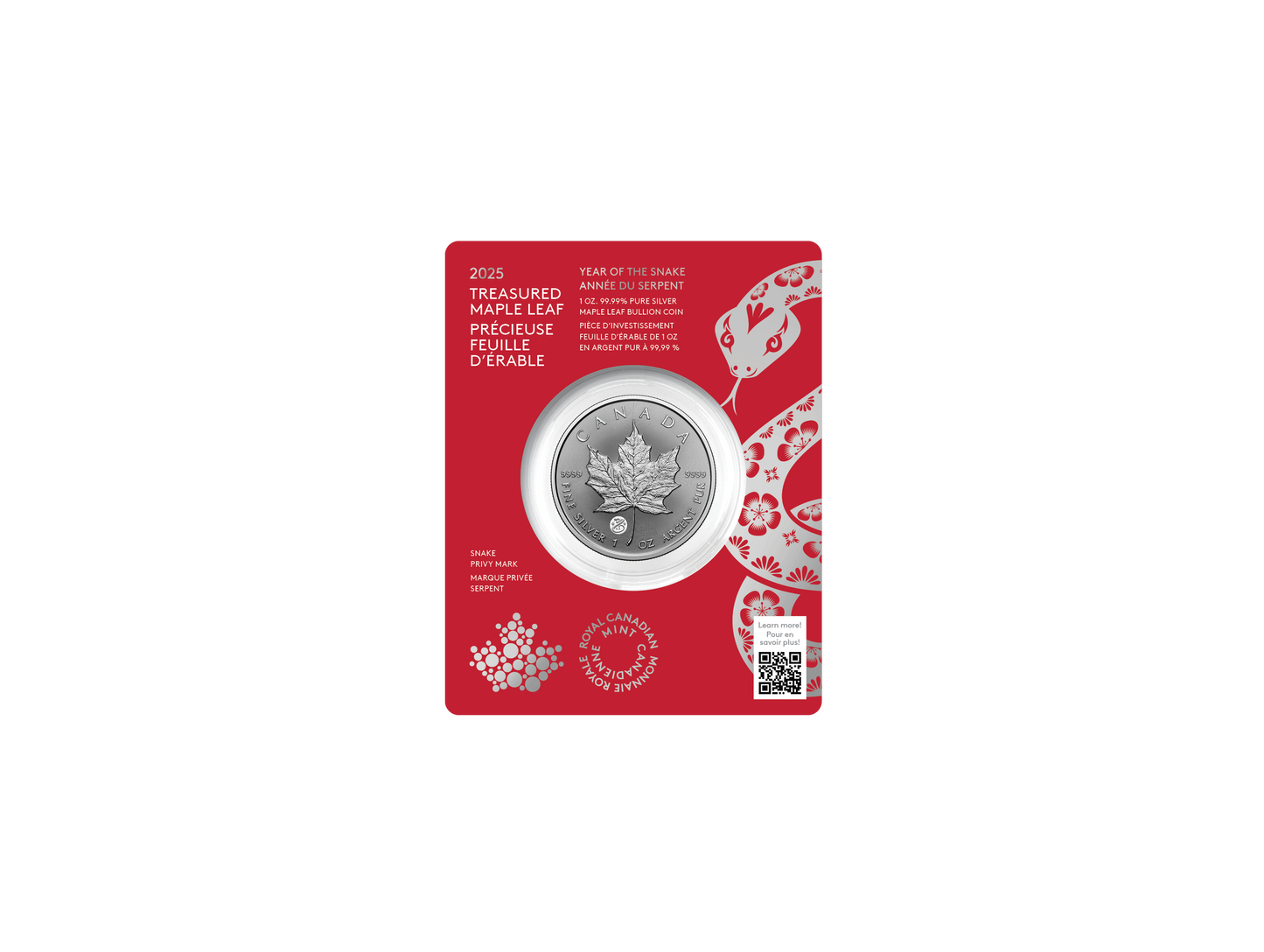 2025 Royal Canadian Mint UNC Pure Silver 1oz $5 Coin - Treasured Maple Leaf Year of the Snake Privy