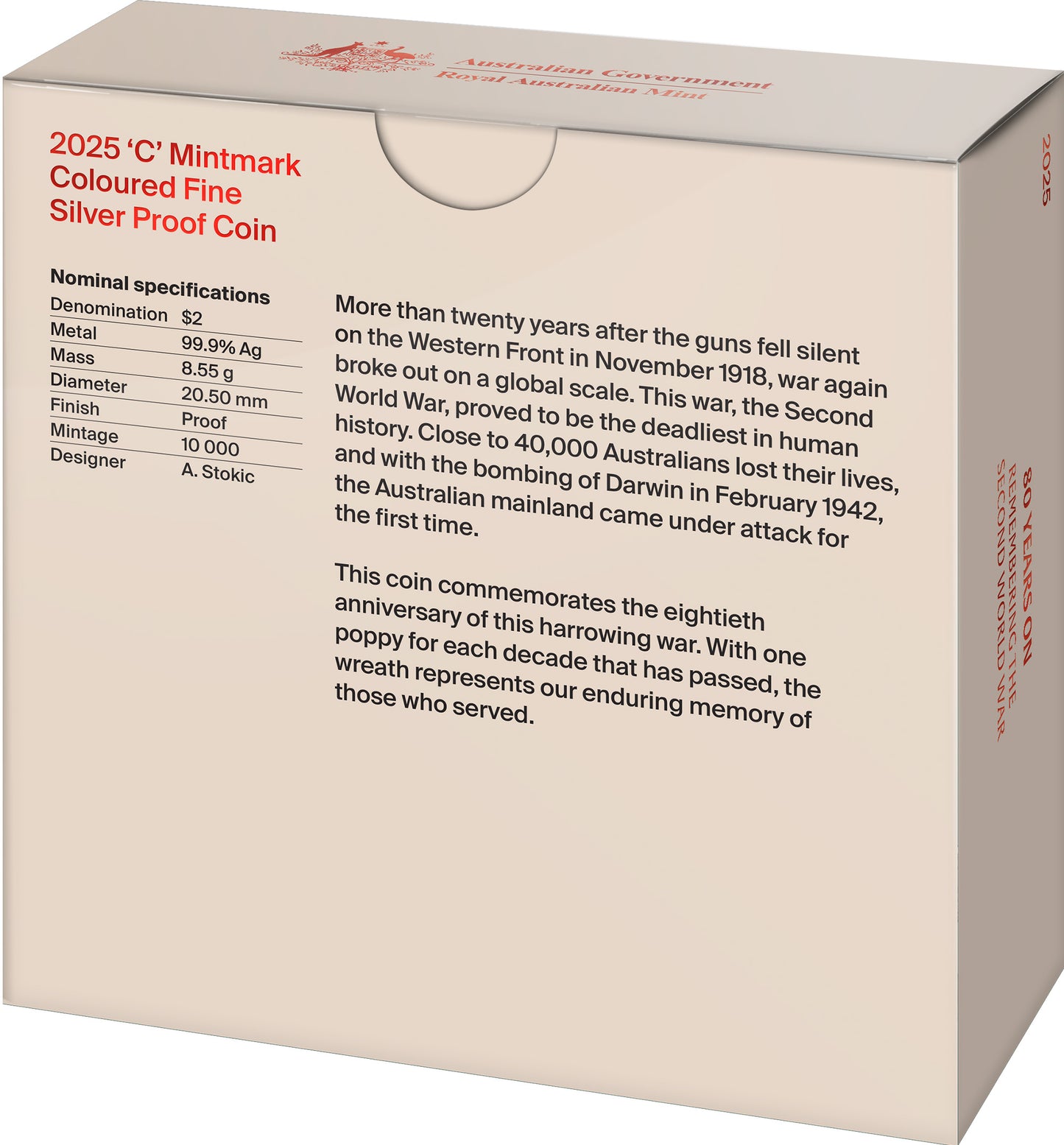 2025 C Royal Australian Mint Silver Proof Colourised $2 Coin - 80th Anniversary of WWII