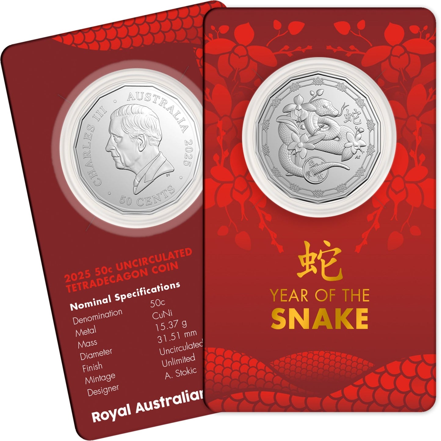 2025 UNC 50c Coin on Card - Lunar Year of the Snake