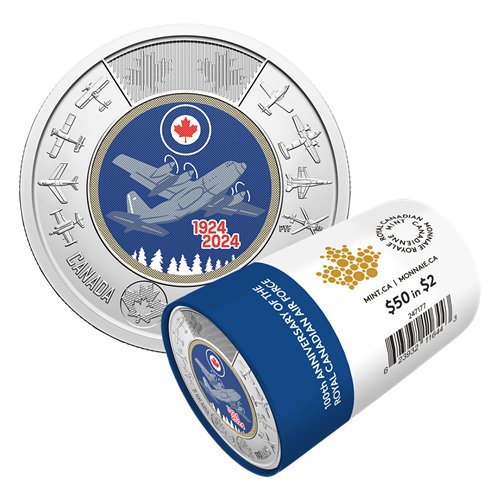 2024 Royal Canadian Mint UNC Colourised $2 Coin Roll - 100th Anniversary of Royal Canadian Airforce