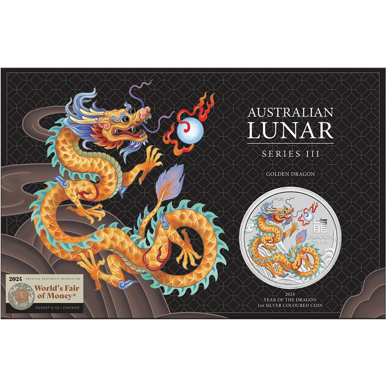 2024 Perth Mint UNC Silver Colourised 1oz $1 Coin on Card - ANA Chicago Golden Dragon
