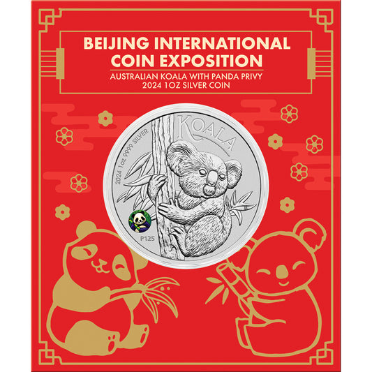 2024 Perth Mint Fine Silver 1oz $1 Coin on Card - Bejing International Coin Exposition Koala w/ Panda Privy