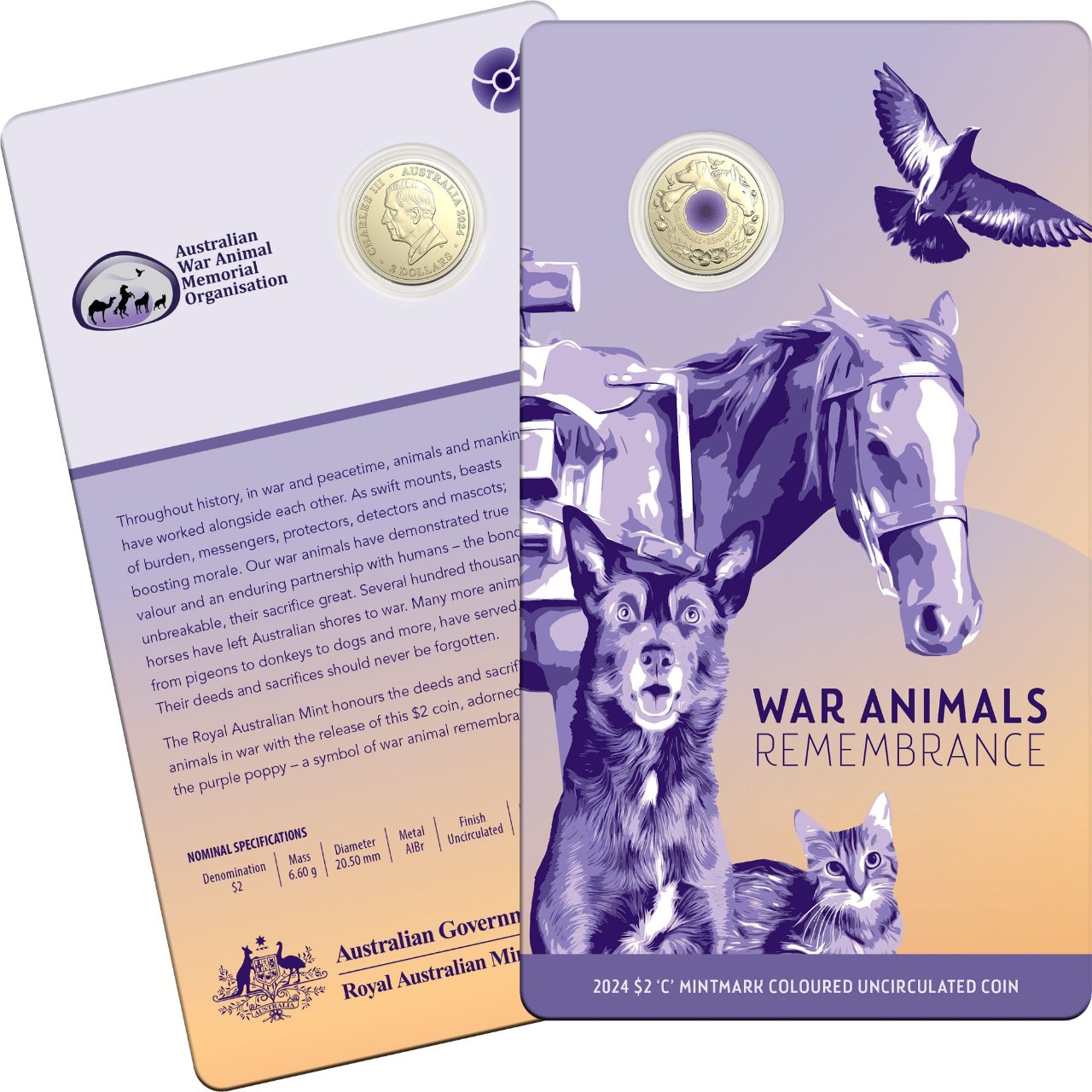 2024 C Royal Australian Mint UNC Colourised $2 Coin on Card - Remembrance War Animals