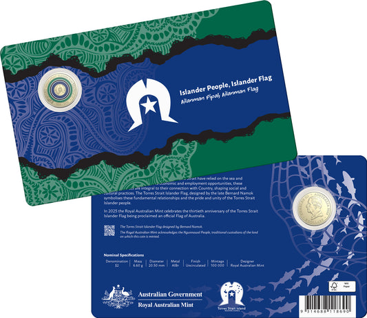 2025 C Royal Australian Mint UNC Colourised $2 Coin on Card - 30th Anniversary of Torres Strait Islander Flag