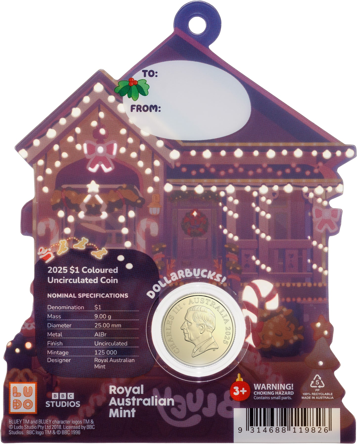 2025 UNC Colourised $1 Coin on Card - Bluey Xmas