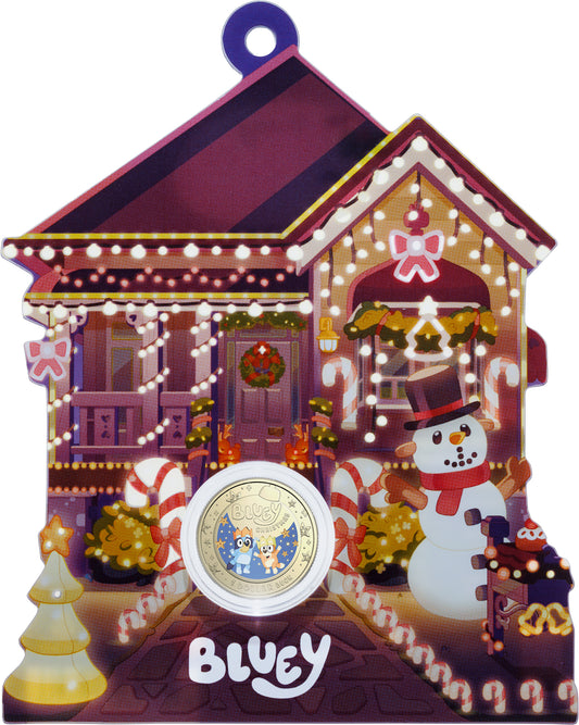 2025 UNC Colourised $1 Coin on Card - Bluey Xmas