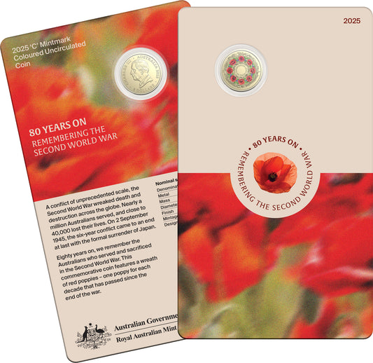 2025 C Royal Australian Mint UNC Colourised $2 Coin on Card - 80th Anniversary of WWII