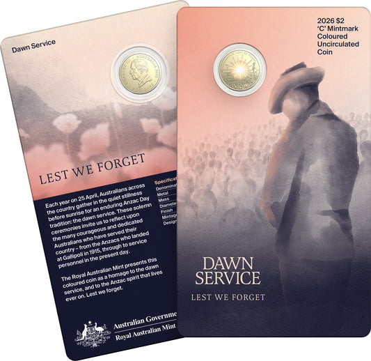 2026 C UNC Colourised $2 Coin on Card - Dawn Service