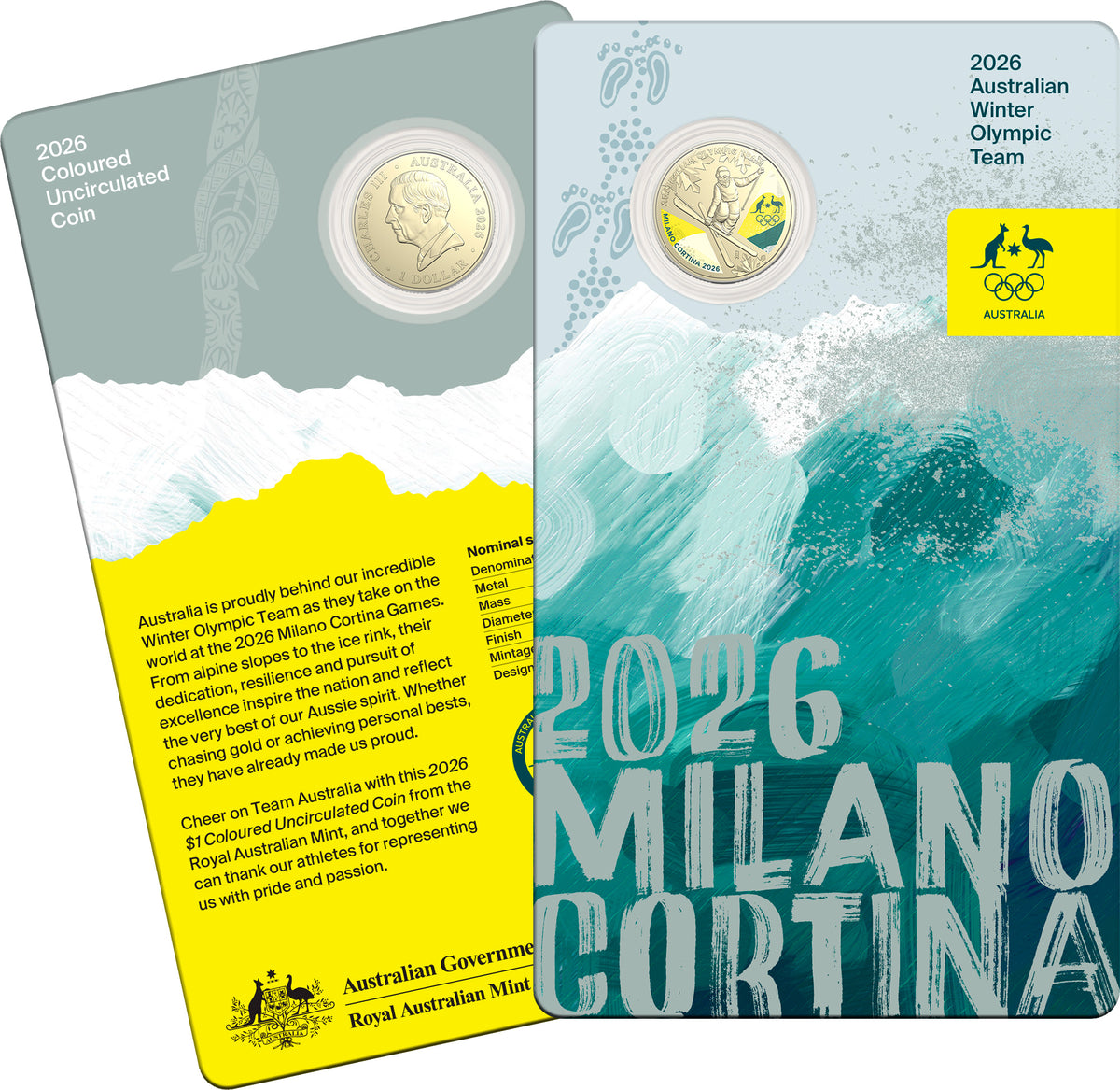 2027 UNC Colourised $1 Coin on Card - Bluey Cricket + 2026 UNC Colourised $1 Coin on Card - Milan Winter Olympics