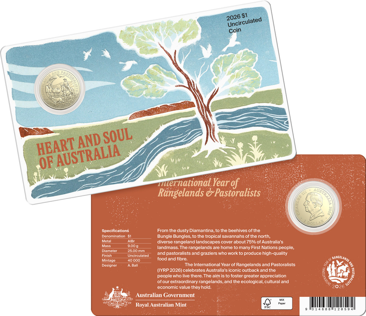2027 UNC Colourised $1 Coin on Card - Bluey Cricket + 2027 UNC $1 Coin on Card - Heart & Soul of Australia
