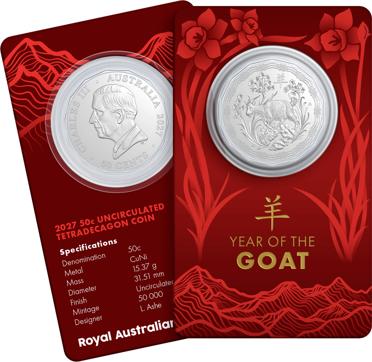 2027 UNC Colourised $1 Coin Bluey Cricket + 2027 UNC 50c Coin - Lunar Year of the Goat