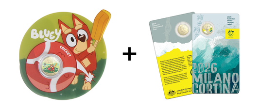 2027 UNC Colourised $1 Coin on Card - Bluey Cricket + 2026 UNC Colourised $1 Coin on Card - Milan Winter Olympics